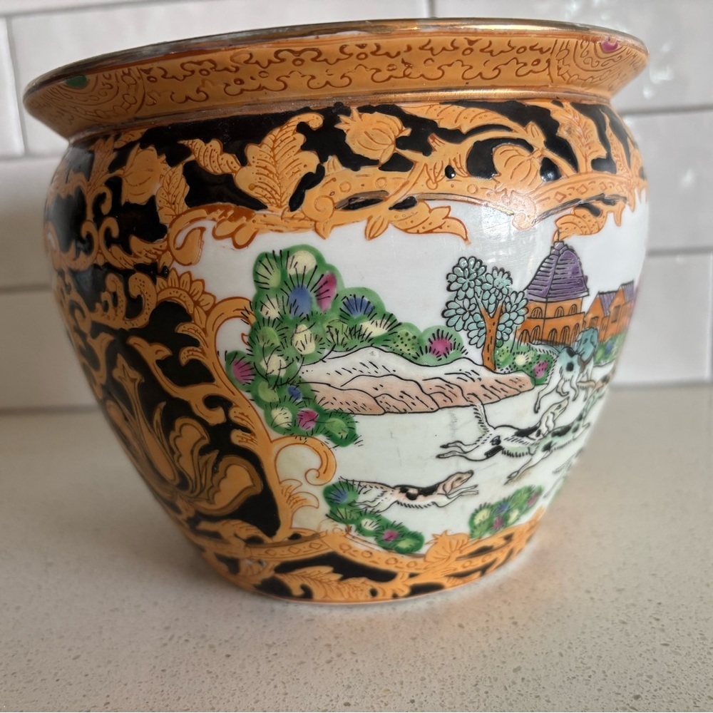 Large 19th Century Chinese Familie Rose Jardinere Planter Hunting Qianlong Mark - Picture 2 of 8
